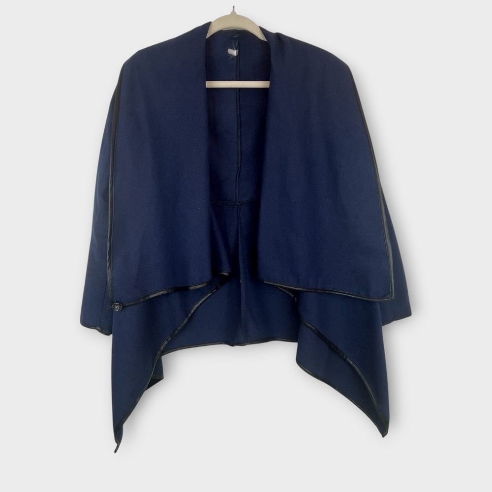 Women’s Navy Blue Open Front Jacket with Faux Leather Trim